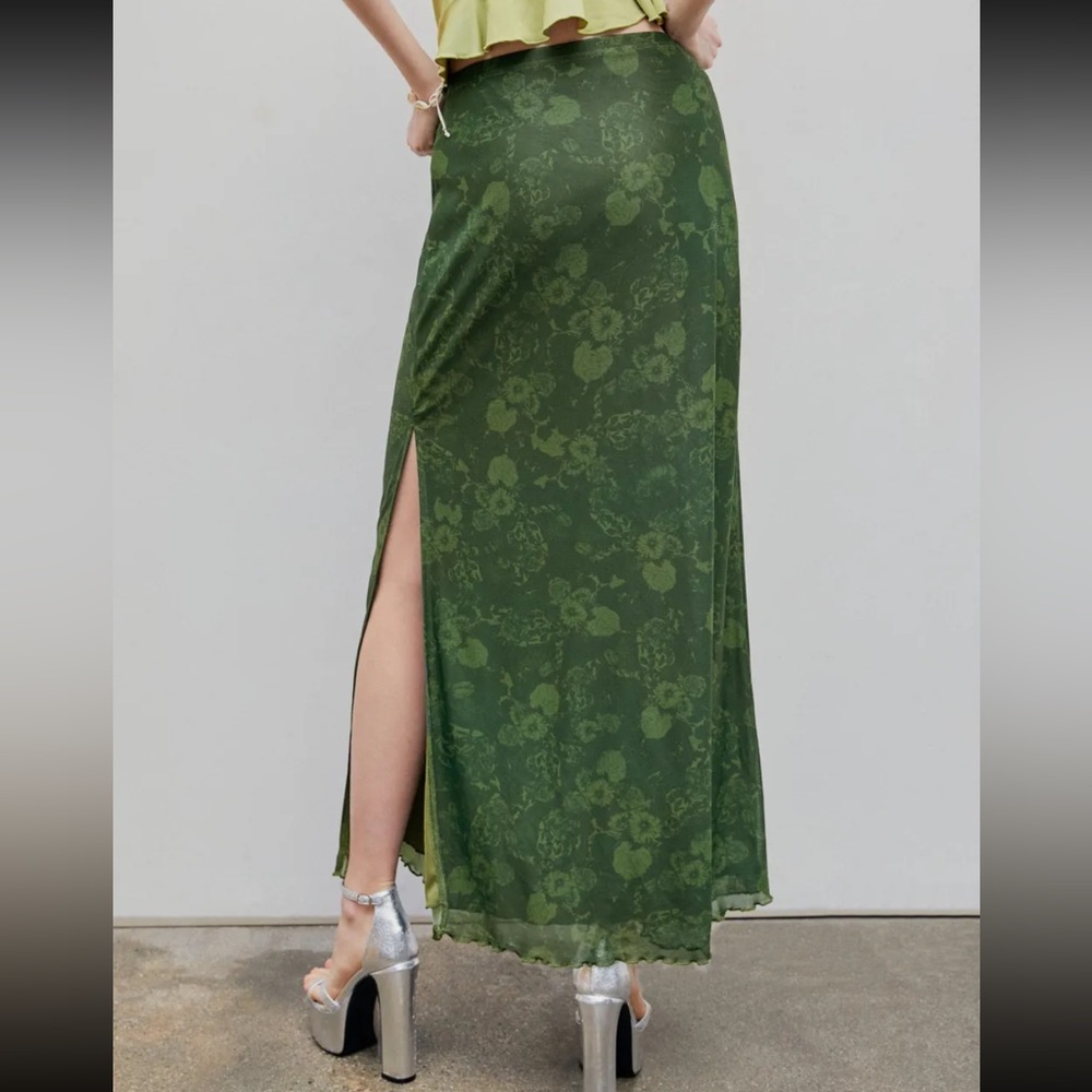 Floral Double Split Lettuce Trim Maxi Skirt Elastic Waist Olive Green Sz 0 XXS